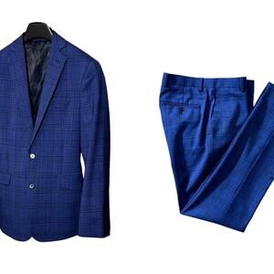 CHARLES TYRWHITT Mens (36R) Luxury Slim-Fit Suit / Navy Plaid 100% Merino Wool